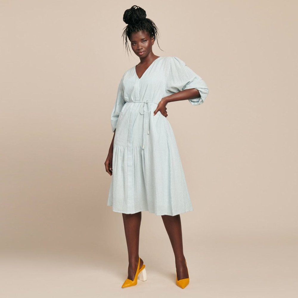 Apiece Apart Blue Striped "Laguna" Shirtdress, size 18.